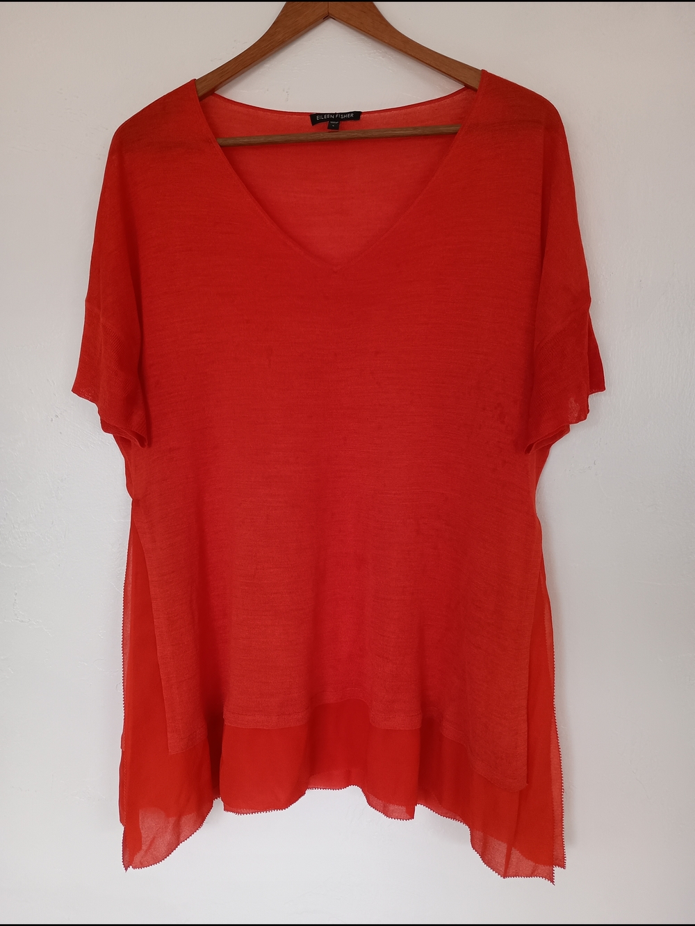 Eileen Fisher 100% Silk Orange V-Neck Short Sleeve Top